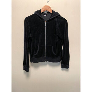 Vintage Moda International Womens Hoodie Medium Black Velour Zip Crop Grunge Y2K
